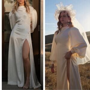 For Love & Lemons Rosalia Long Sleeve Satin White Puff Sleeve Maxi Gown Size XS